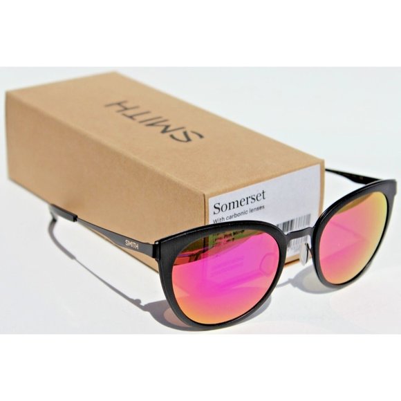 SMITH OPTICS Somerset Sunglasses Matte Black/Pink Mirror Round NEW $139 - Picture 1 of 8